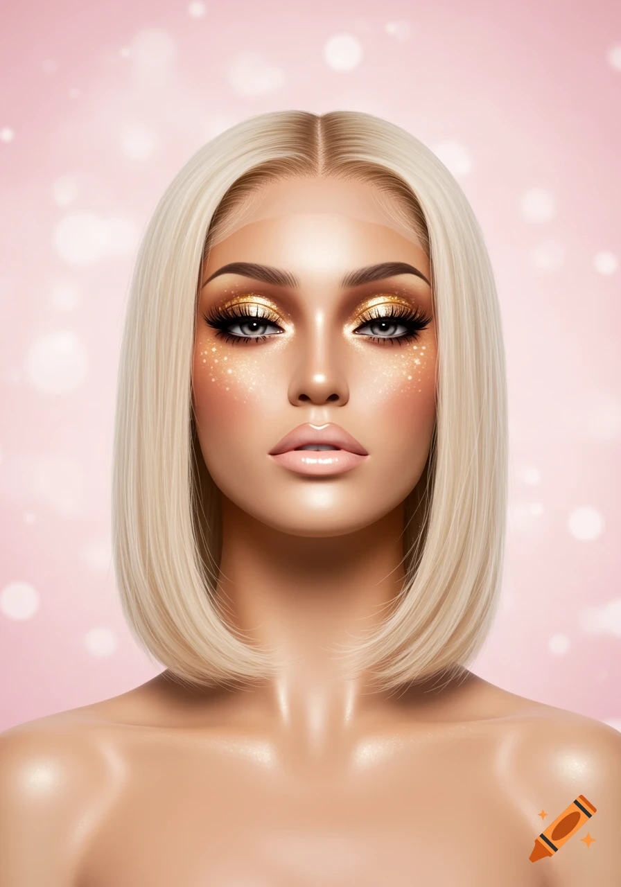 Stylized portrait of a mannequin with glam gold eye makeup, a blonde bob wig with visible lace, against a soft pink background with bokeh lights.