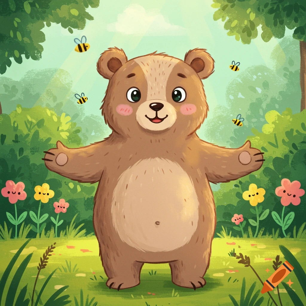 A cute cartoon bear with wide-open arms smiles in a vibrant green forest with colorful flowers and buzzing bees.