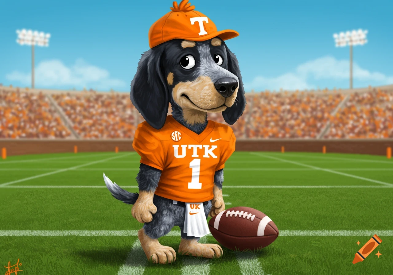 Cartoon blue tick coonhound in an orange football uniform with a number one and an orange baseball cap on a football field. A football is next to the dog.