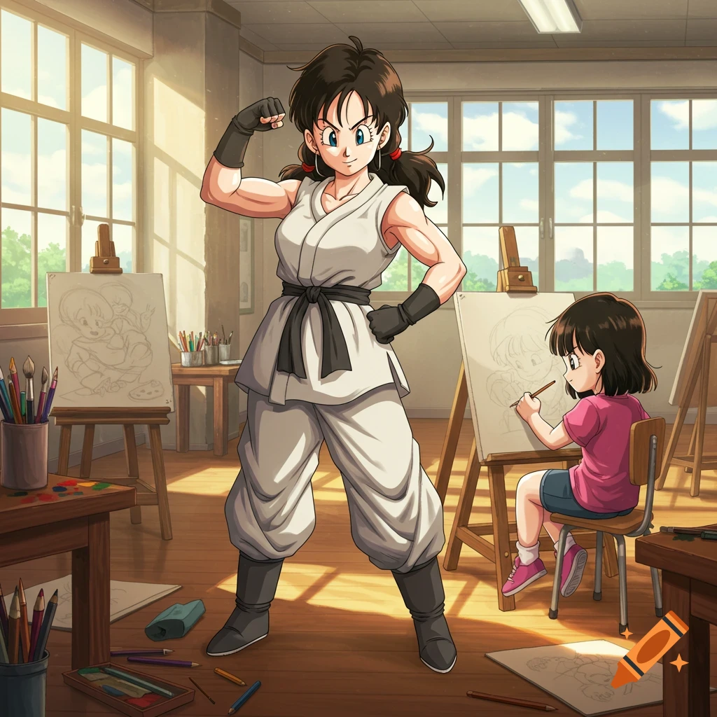 Videl from Dragon Ball Super flexing in a martial arts gi in an art classroom while her daughter Pan draws at an easel.