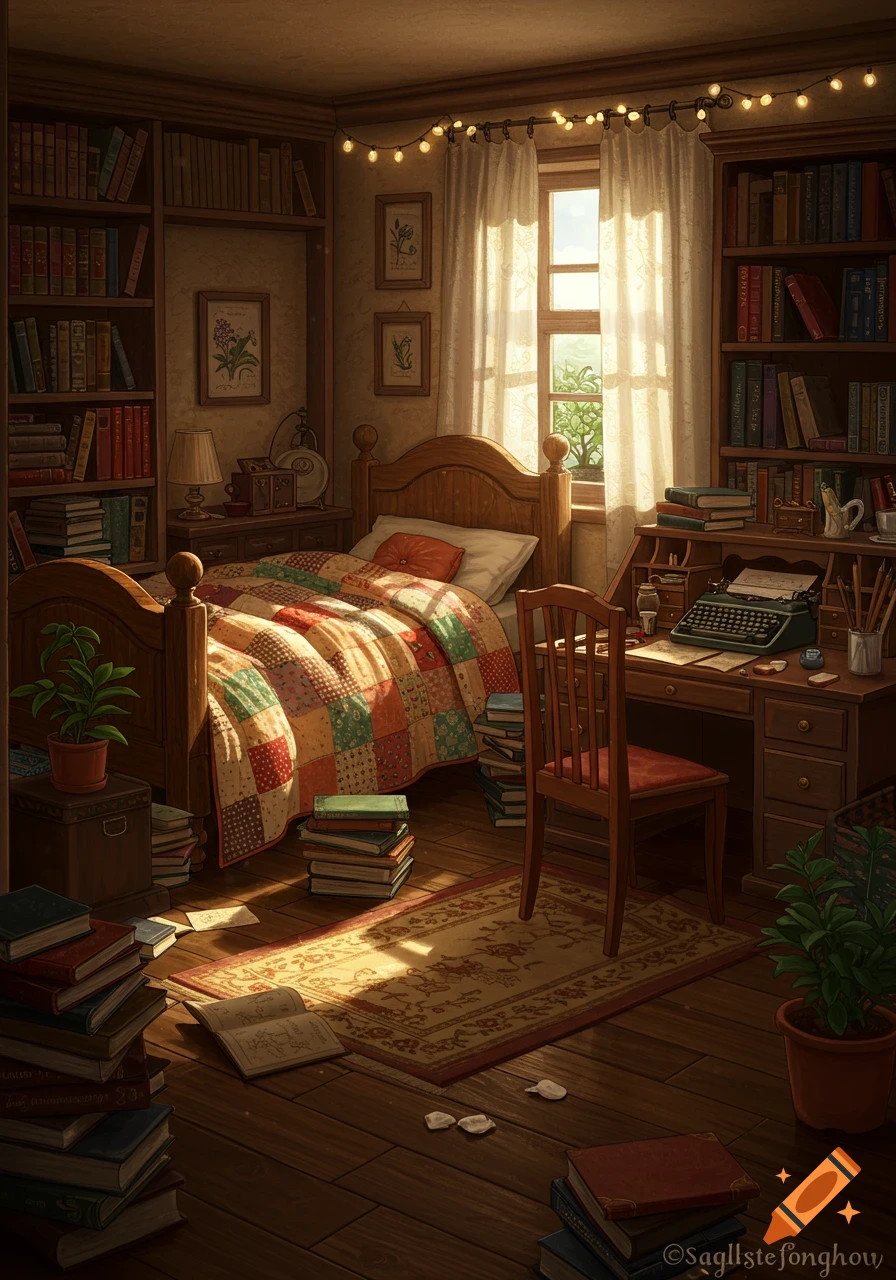 Cozy artistic bedroom with wooden furniture, bookshelves filled with books, a bed with a patchwork quilt, and a desk with a typewriter, bathed in warm sunlight from a window.