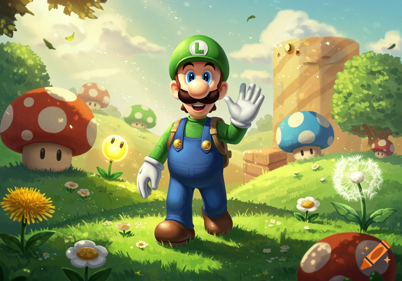 Luigi waves in a vibrant, sunny mushroom kingdom with large red and blue mushrooms and yellow flowers.