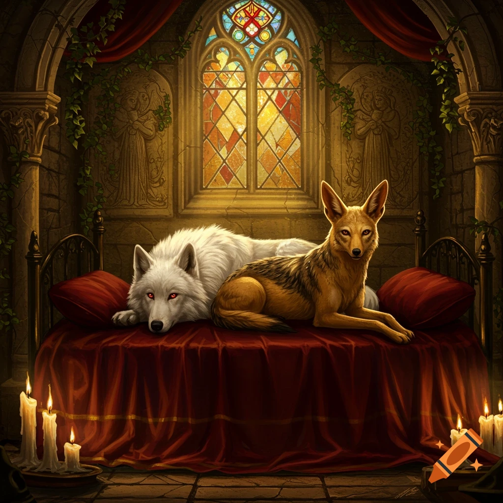 A white wolf with glowing red eyes and a golden jackal lay on a red bed in a gothic crypt with a stained glass window.