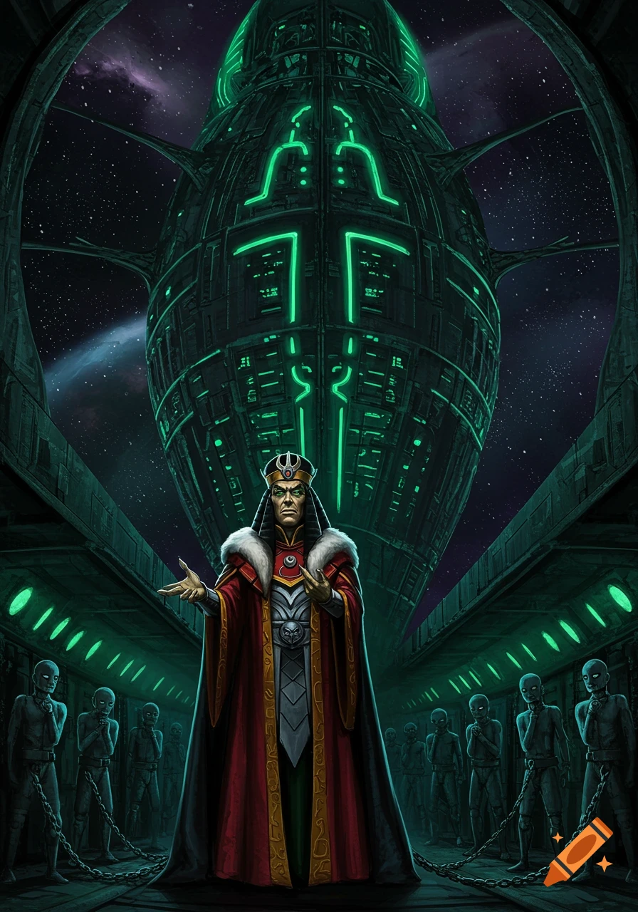 A menacing emperor in a red and white fur-trimmed robe stands before a colossal, glowing green prison ship. Chained, silent figures line the dark, futuristic corridor on either side.