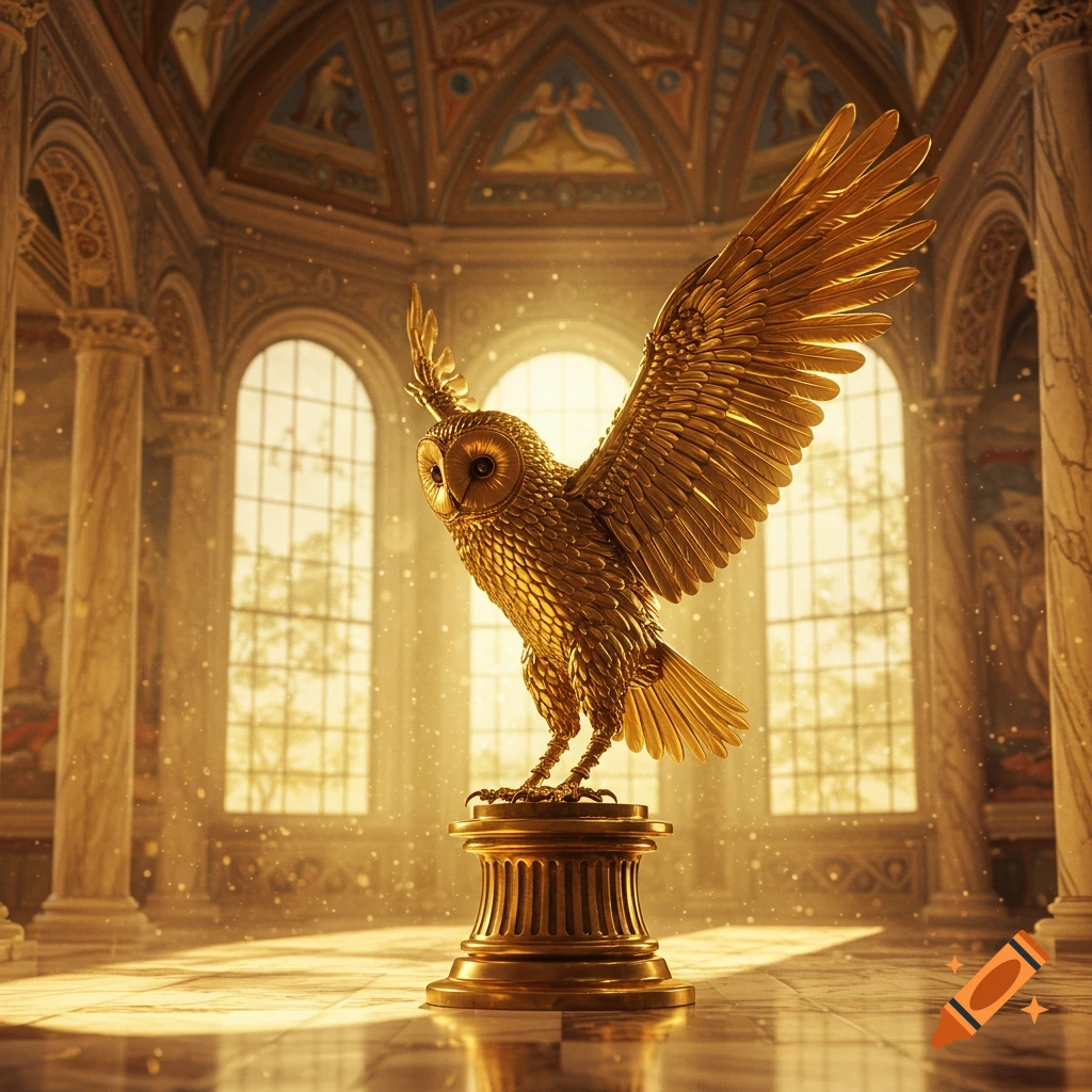 A golden owl statue with outstretched wings stands on a pedestal in a grand, sunlit hall with large arched windows and ornate pillars.