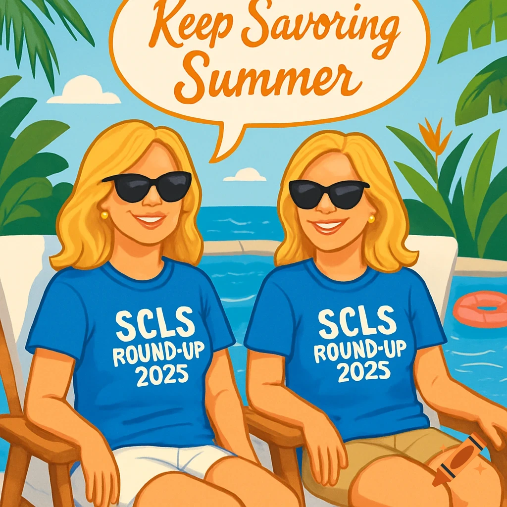 Two blonde women in sunglasses and blue SCLS Round-Up 2025 t-shirts sit by a pool, with a speech bubble saying 'Keep Savoring Summer' in a clipart style.