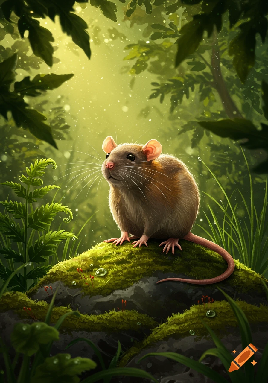 A cute mouse sits on a mossy log in a lush forest with sunlight filtering through leaves, in a digital illustration.