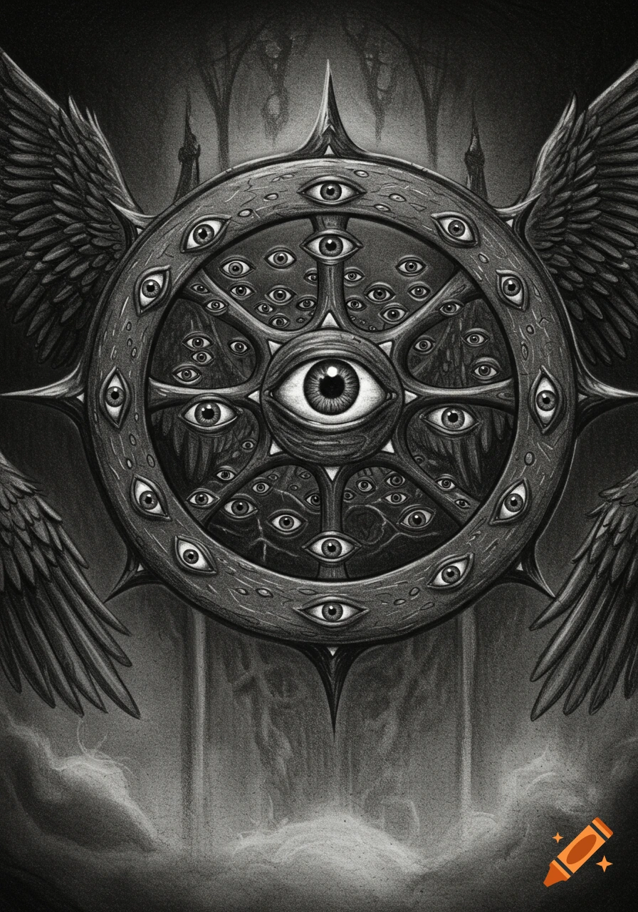 A monochromatic sketch of an Ophanim, a wheel-like angel covered in eyes with large wings, against a dark, gothic background.