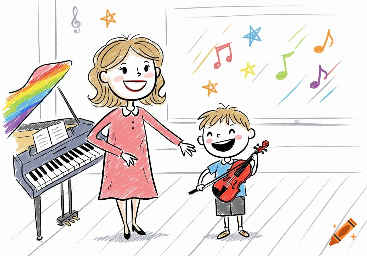 A colorful child's drawing of a smiling music teacher next to a child holding a violin, with a piano and musical notes in the background.