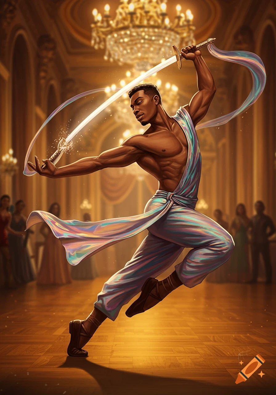 A muscled man in flowing, iridescent fabric dances with a glowing sword in a grand ballroom.
