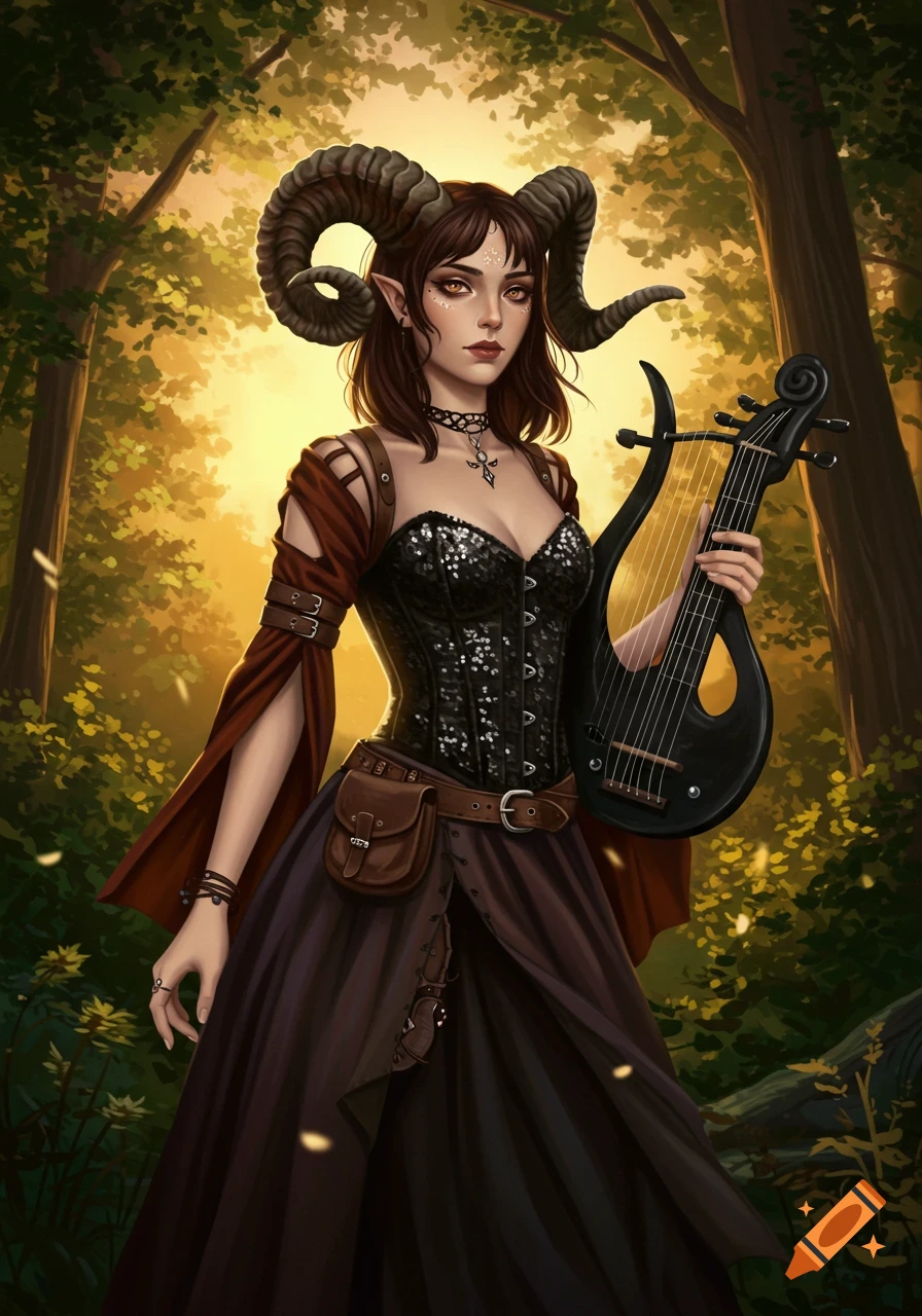 A horned female character in a sequined corset and long skirt stands in a sunlit forest, holding a black lyre.