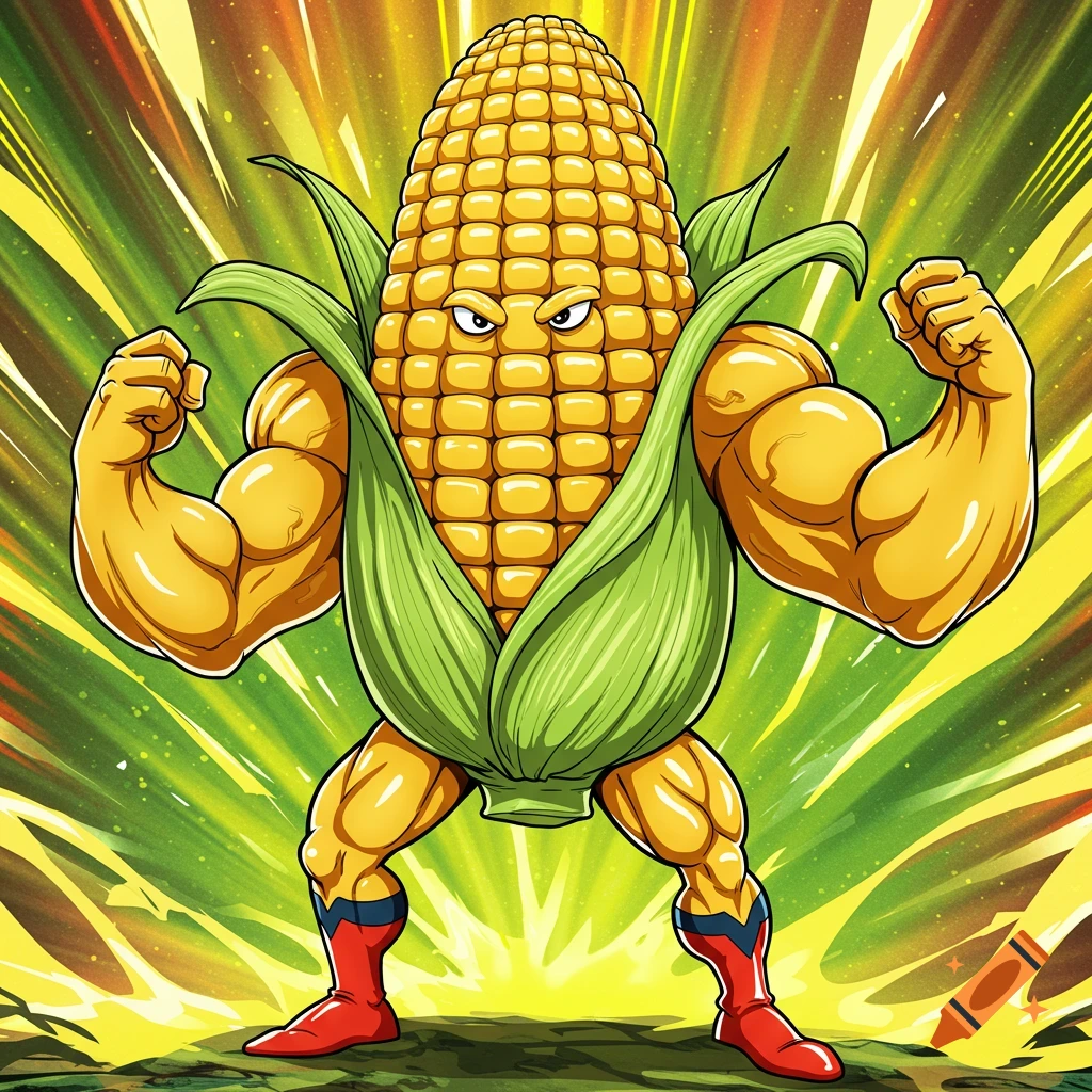 An anime-style muscular corn cob with arms, legs, and a jawline, posing confidently with flexing biceps against a vibrant, glowing green and yellow background.