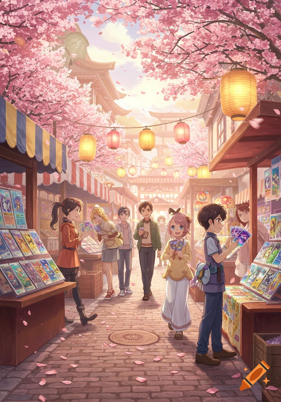 Anime-style illustration of a bustling market street with cherry blossoms, lanterns, and people examining collectible cards.