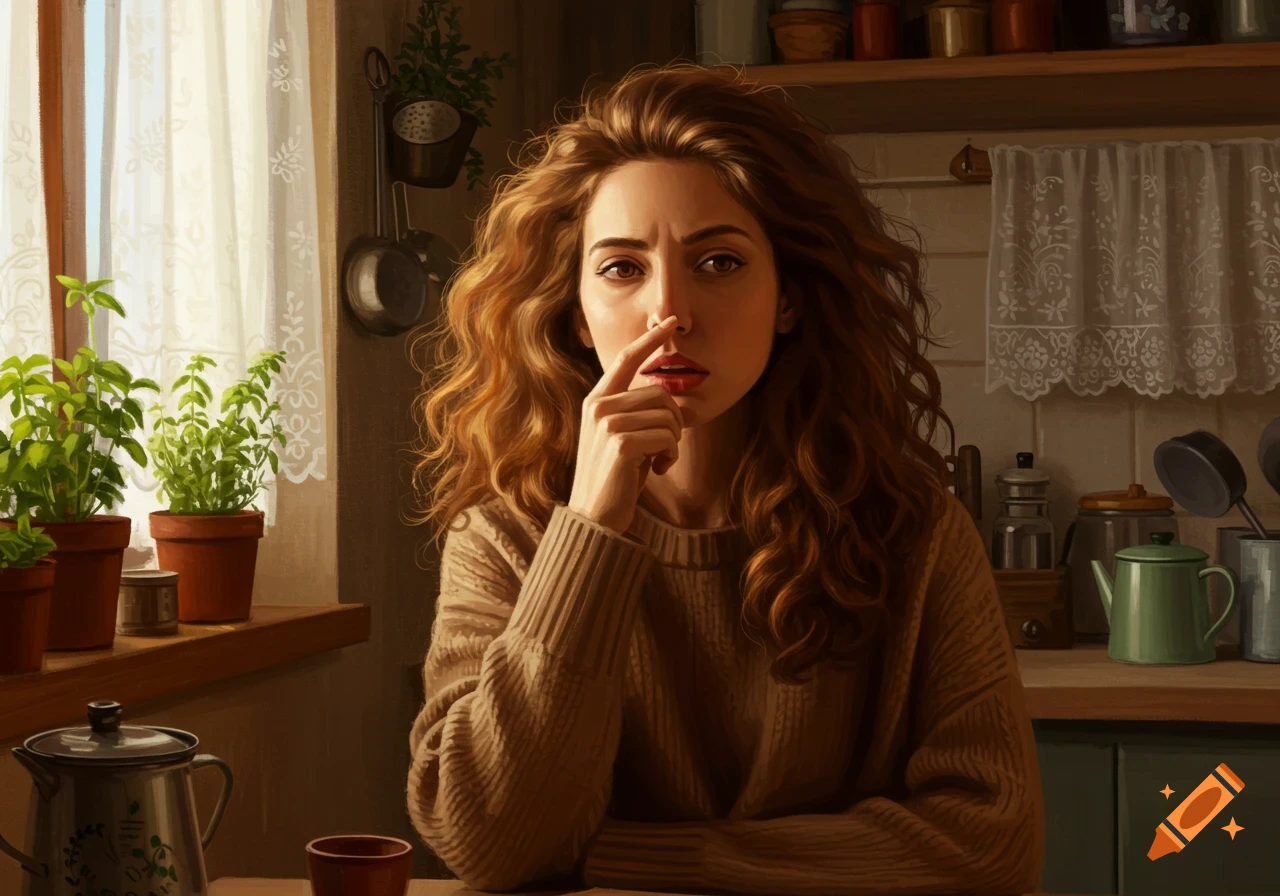 A woman with long wavy brown hair wearing a brown sweater, touching her nose in a cozy, sunlit kitchen.