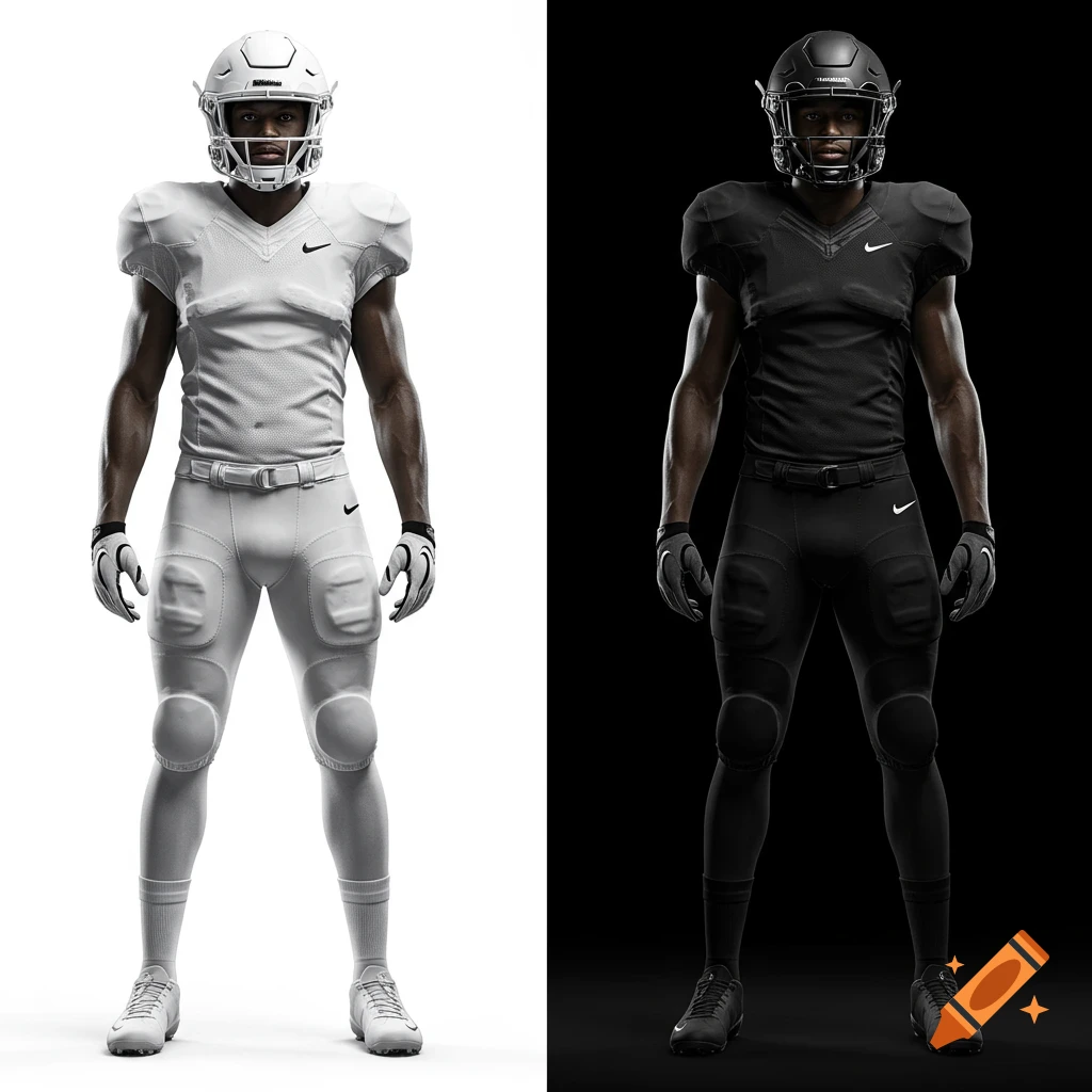 Detailed realistic photo of two American football players standing upright, one in white and one in black uniform.
