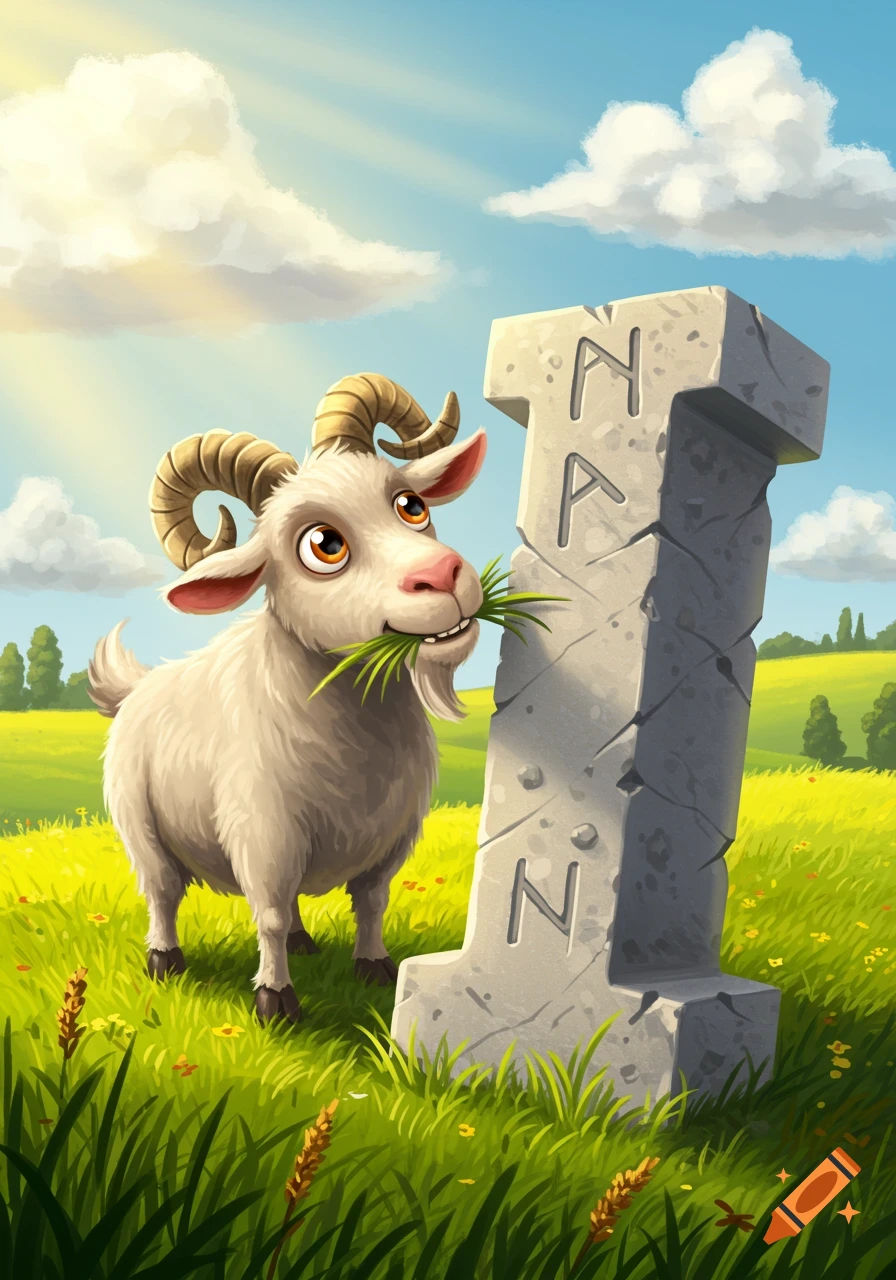 A cute cartoon goat with large horns eats grass next to a tall stone letter 'I' in a sunny green field under a blue sky.