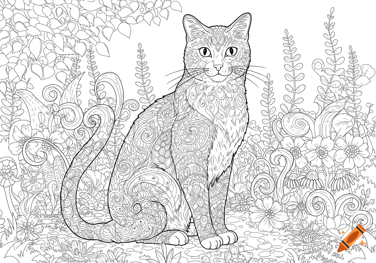 A black and white line art coloring book page showing a patterned cat sitting in a garden with flowers.