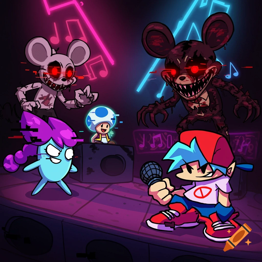 Cartoon characters Boyfriend, Pibby, and Toad face off against two corrupted, red-eyed mouse creatures in a dark, neon-lit room with musical notes.