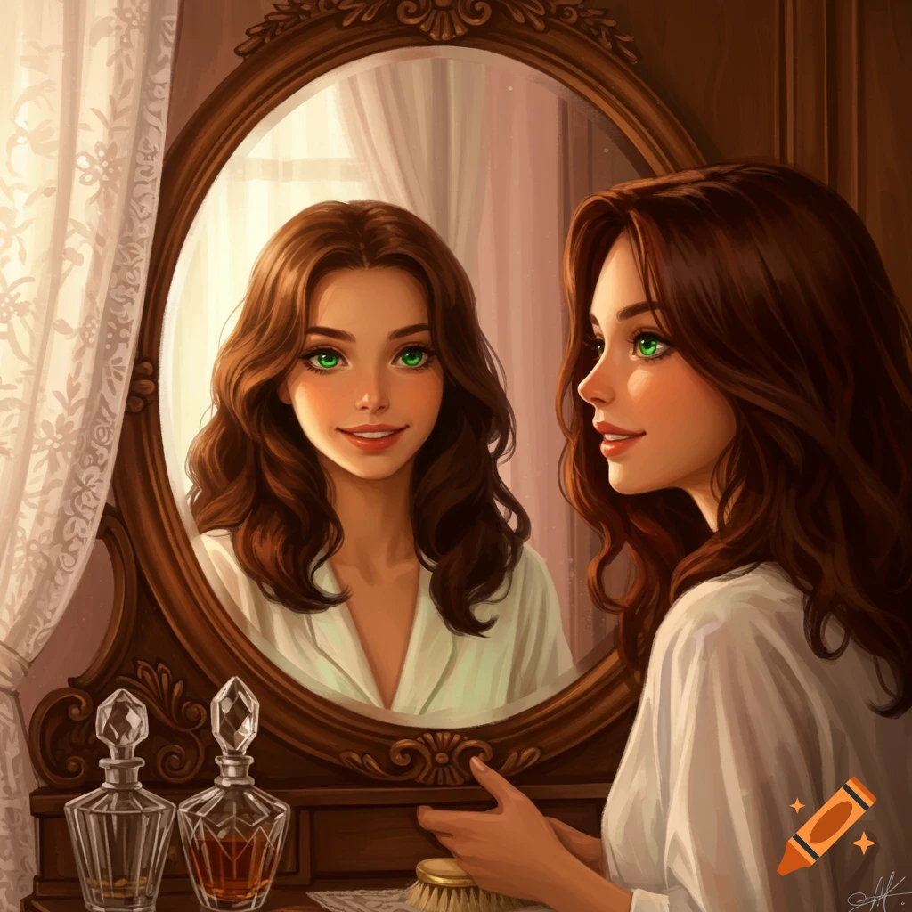 Illustration of a brown-haired woman with green eyes smiling at her reflection in a vintage mirror.