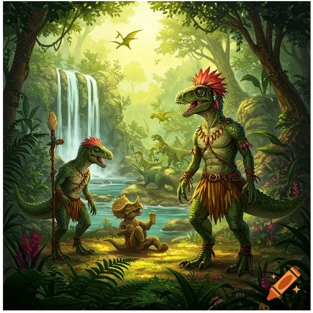 Two humanoid dinosaurs with tribal attire stand in a lush jungle with a waterfall, looking at a baby triceratops. Fantasy illustration.