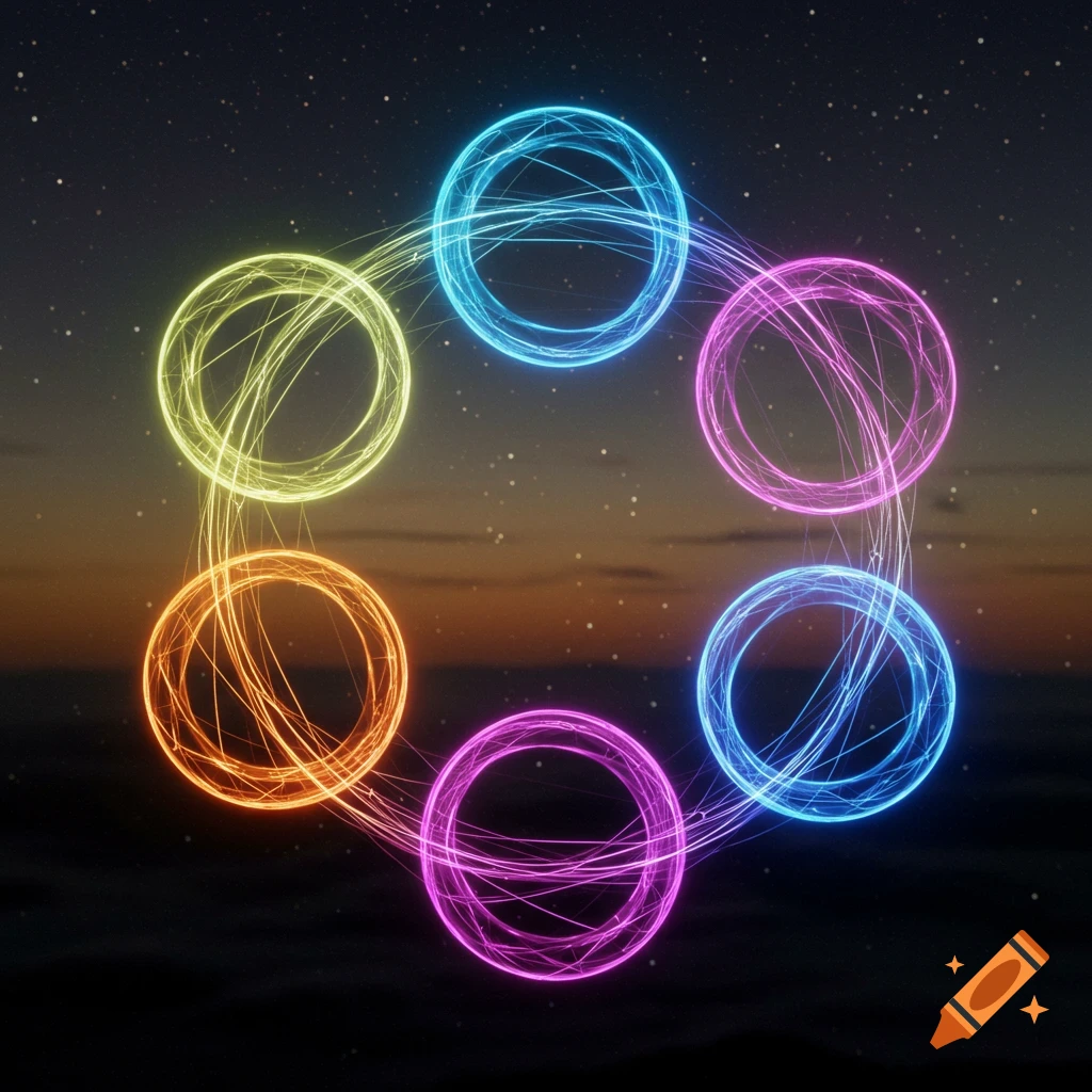 Six brightly glowing, neon-colored rings arranged in a circle and connected by thin lines, set against a starry night sky with a sunset horizon.