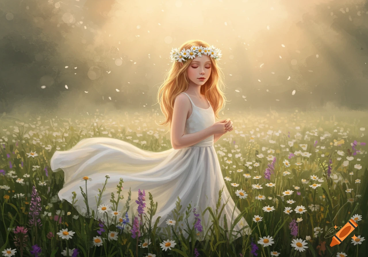 A girl in a white dress and flower crown stands in a field of white and purple daisies, bathed in golden sunlight.