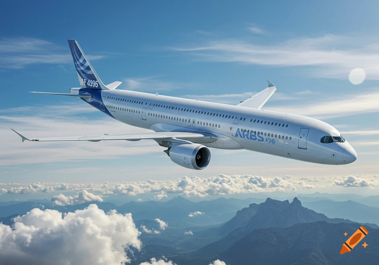Photorealistic view of a large white passenger airplane with blue markings flying above clouds and mountains under a blue sky.