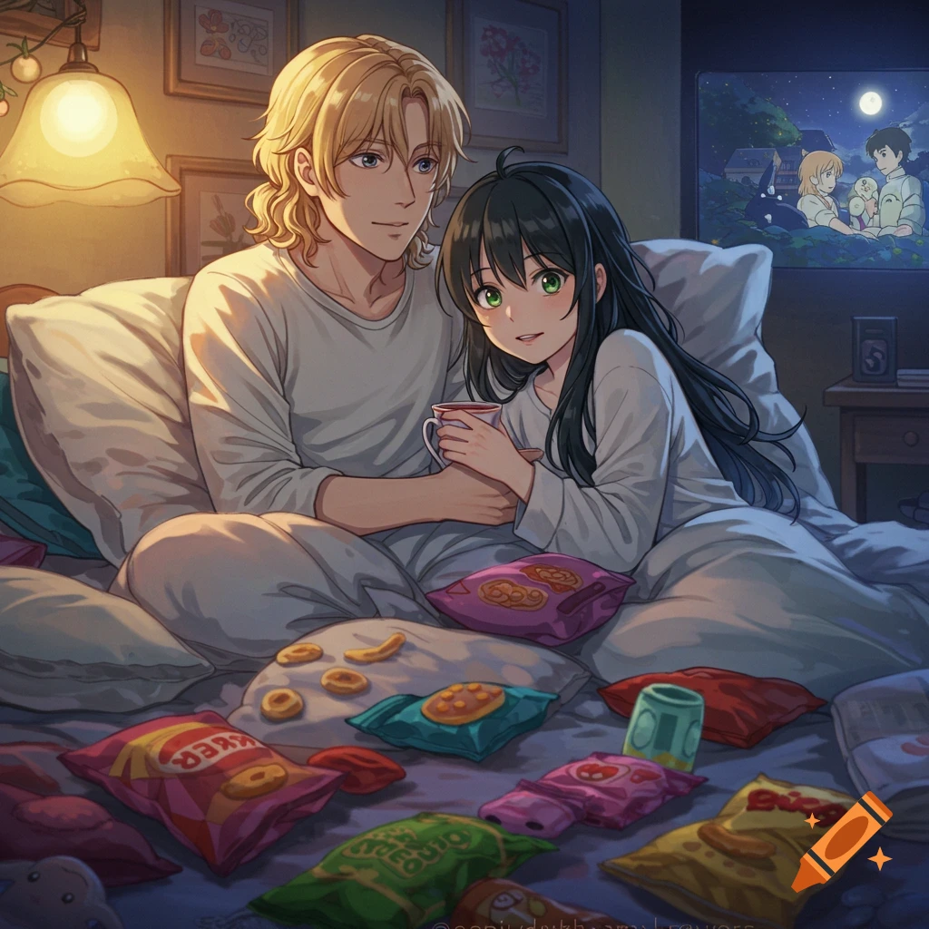 An anime couple with a blonde man and a black-haired woman relaxing on a bed filled with snacks, watching a movie on TV in a cozy, warm-lit room.