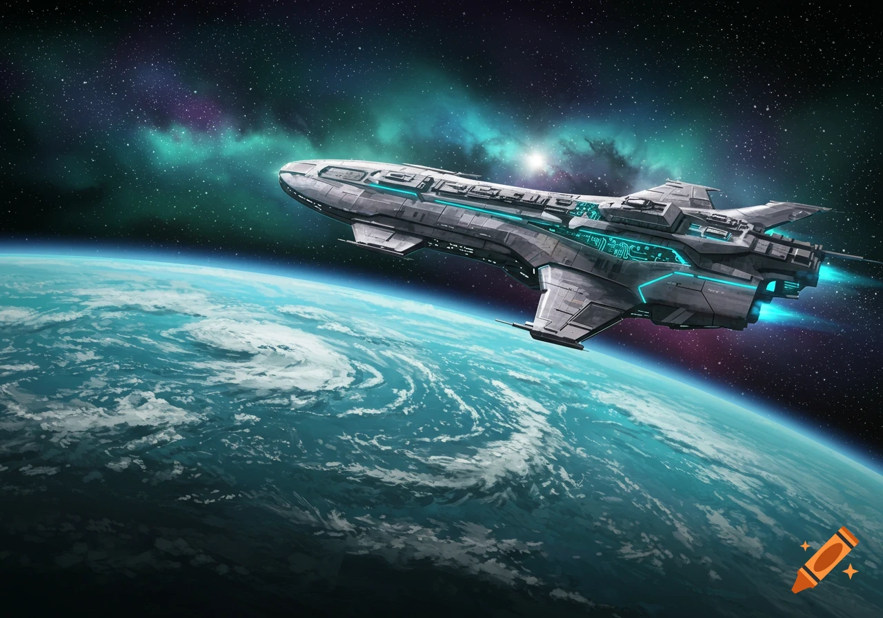 A futuristic grey spaceship with blue lights orbits a blue and green planet with clouds, against a starry space background with a teal nebula.