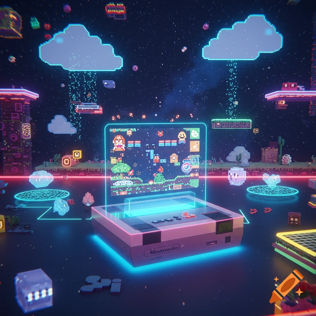 A futuristic pixel art scene with a glowing console playing a classic 8-bit game, surrounded by floating pixel islands and objects in space.