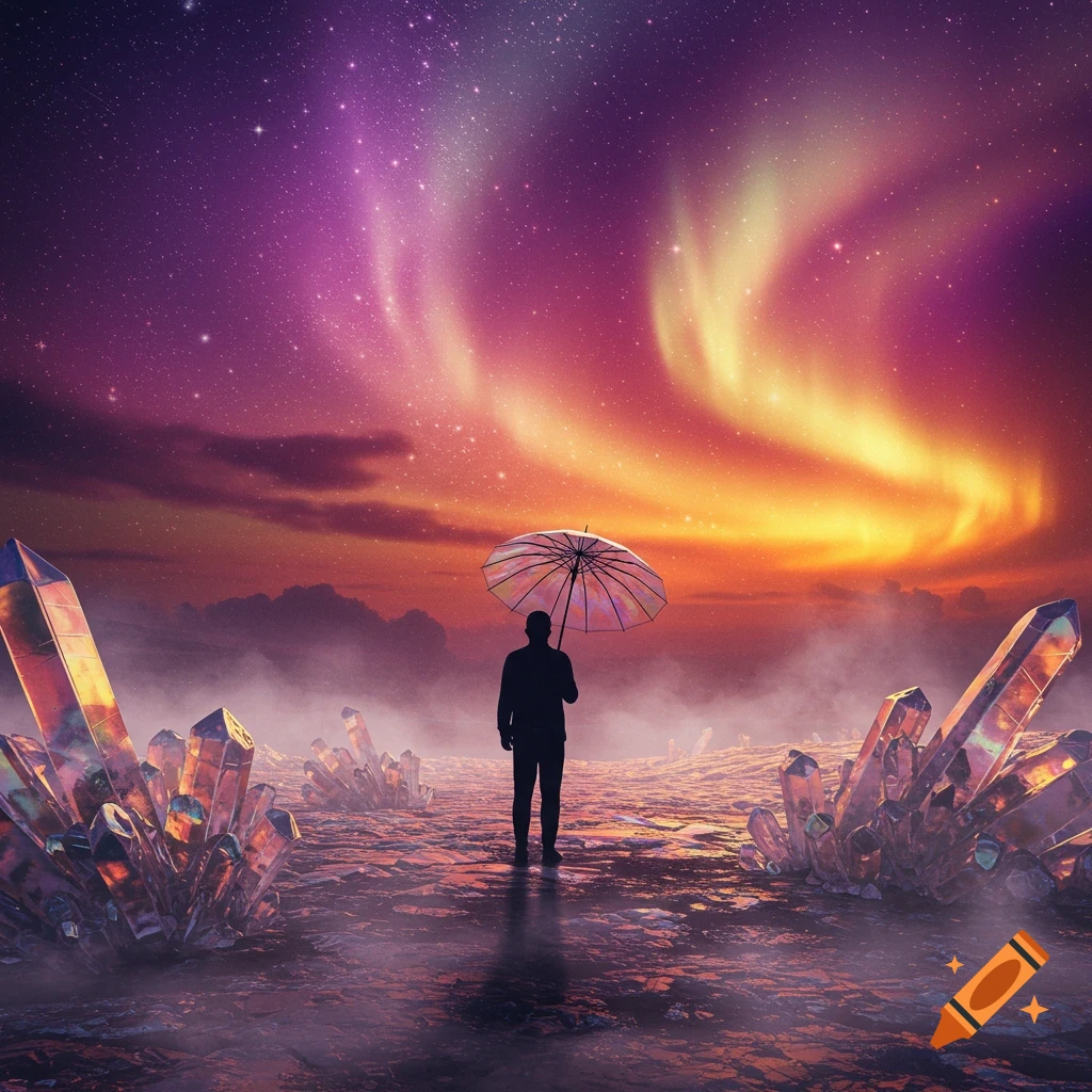 A silhouetted person with an umbrella stands on an alien landscape filled with large, glowing crystals under a vibrant aurora sky.