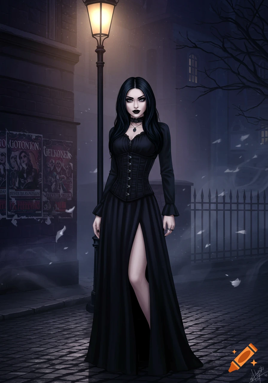 A goth girl with long dark hair and pale skin stands on a cobblestone street at night under a streetlamp, wearing a long black dress.