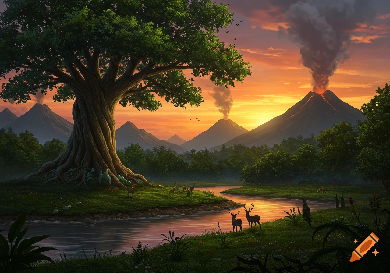 Vibrant digital painting of a lush landscape at sunset with a large tree, river, deer, and erupting volcanoes.