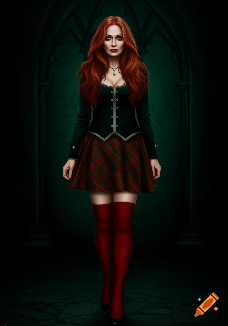 A woman with long red hair in a dark green jacket, tartan mini-skirt, and red knee socks stands in a dark gothic archway.