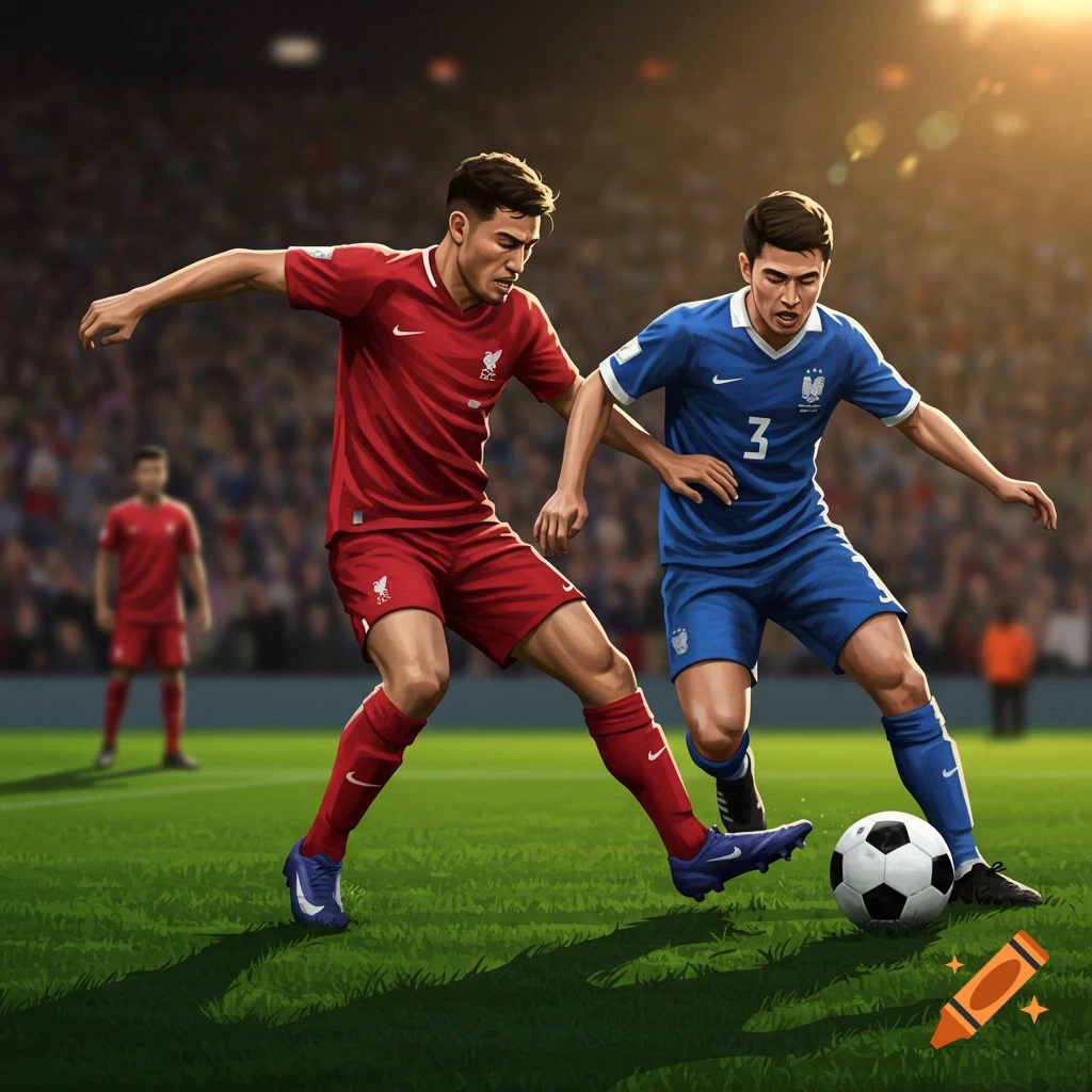 Two soccer players in red and blue jerseys compete for the ball on a green field in a stadium.