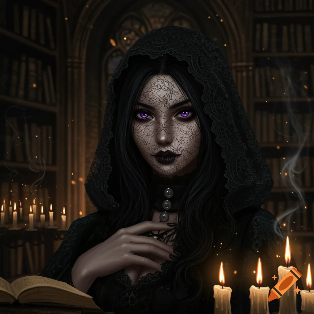 A goth female with lace covering her face and piercing purple eyes, in a dimly lit room with candles and bookshelves.