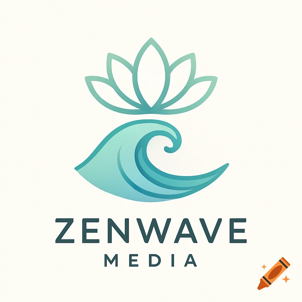A minimalist logo for Zenwave Media featuring a teal lotus flower above a blue-green ocean wave, with 'ZENWAVE MEDIA' text below.