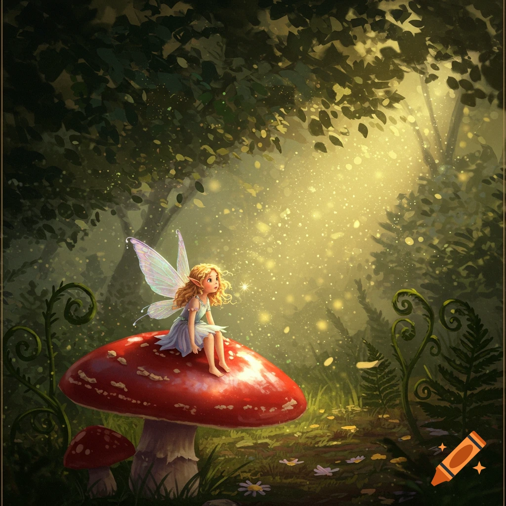 An adorable fairy with blonde hair and iridescent wings sits on a red mushroom in a magical, sunlit forest.