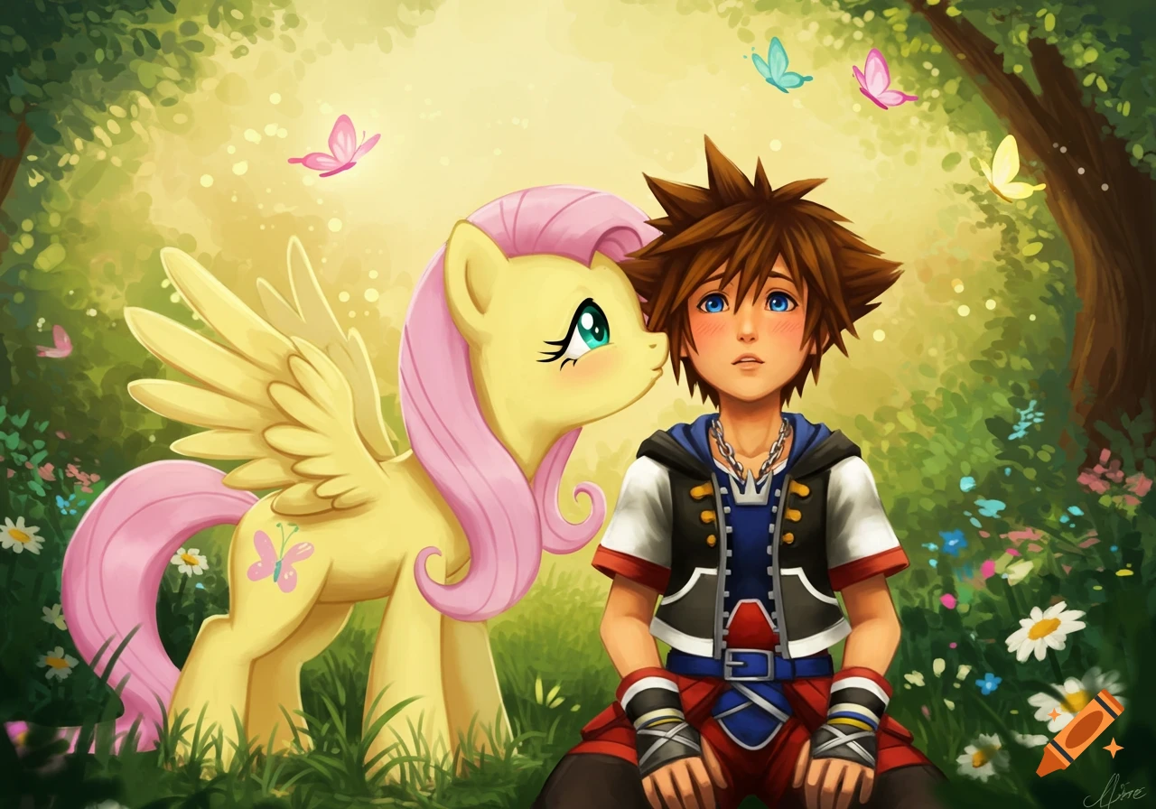 Fluttershy kisses Sora on the cheek in a forest with butterflies, causing him to blush. Bright, colorful illustration.