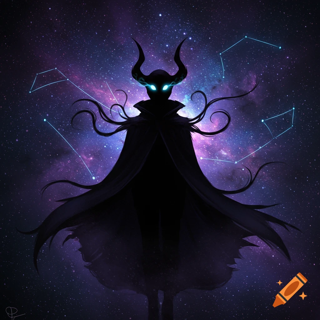 A dark, silhouetted horned figure with glowing eyes and a flowing cloak stands against a vibrant galaxy with constellations.