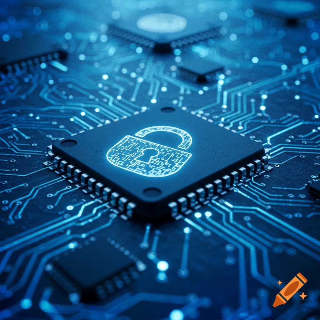 Close-up of a glowing blue circuit board with a white padlock symbol on a central chip, representing cybersecurity.