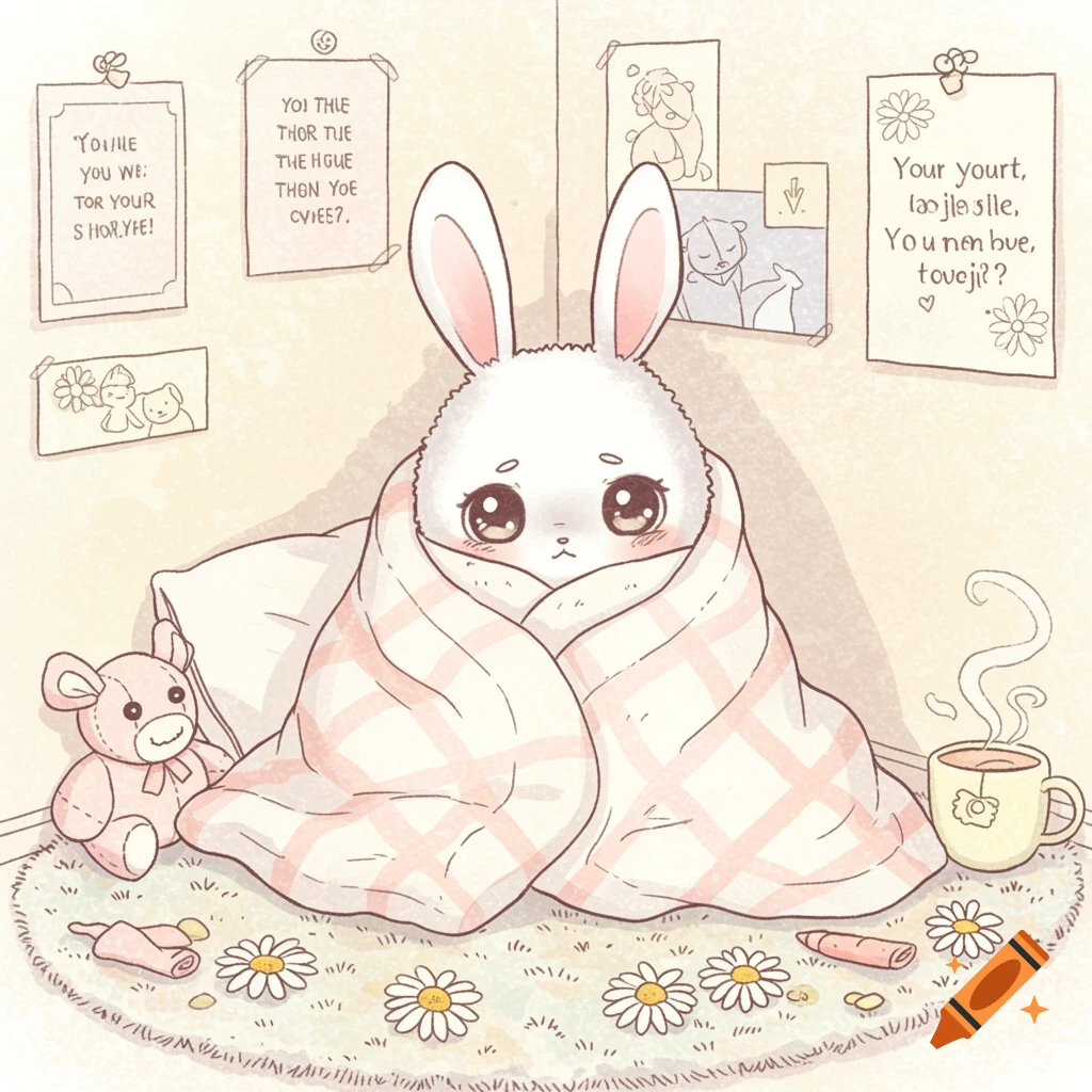 A cute, sad white bunny with large eyes is wrapped in a pink and white plaid blanket, sitting on a daisy-patterned rug. A pink teddy bear and a steaming mug of tea are beside it. Posters with illegible text are on the wall.
