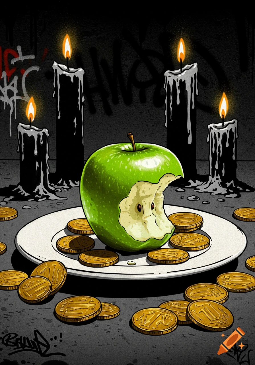An illustrative image of a green bitten apple on a white plate, surrounded by golden coins and four melting black candles, against a dark, graffiti-covered wall, in a Banksy-like style.