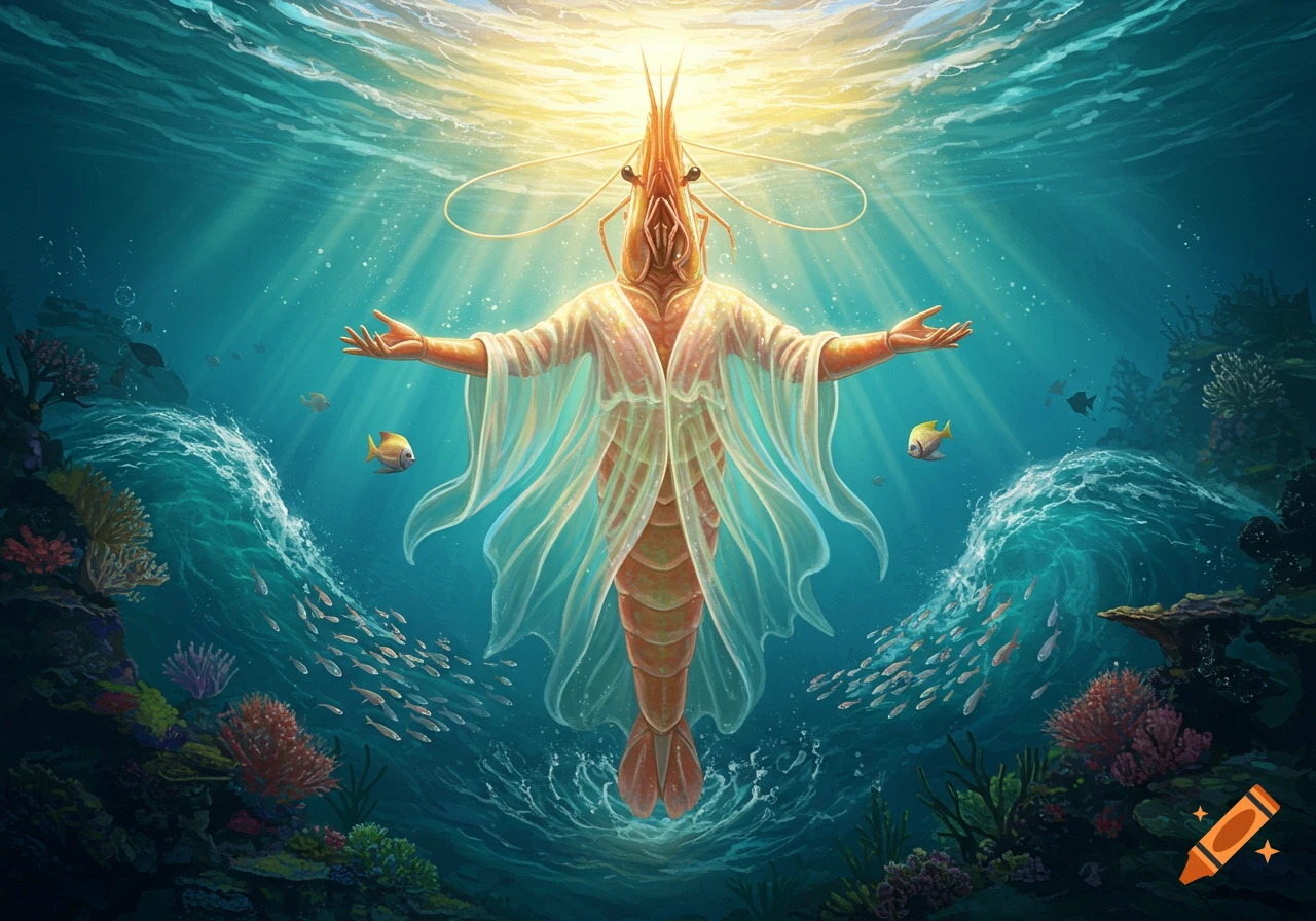 An anthropomorphic shrimp figure in white robes with outstretched arms, glowing underwater in a vibrant coral reef with fish.