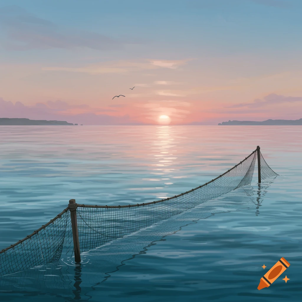 A fishing net stretches across calm water at sunset under a pastel sky with distant land and birds flying.