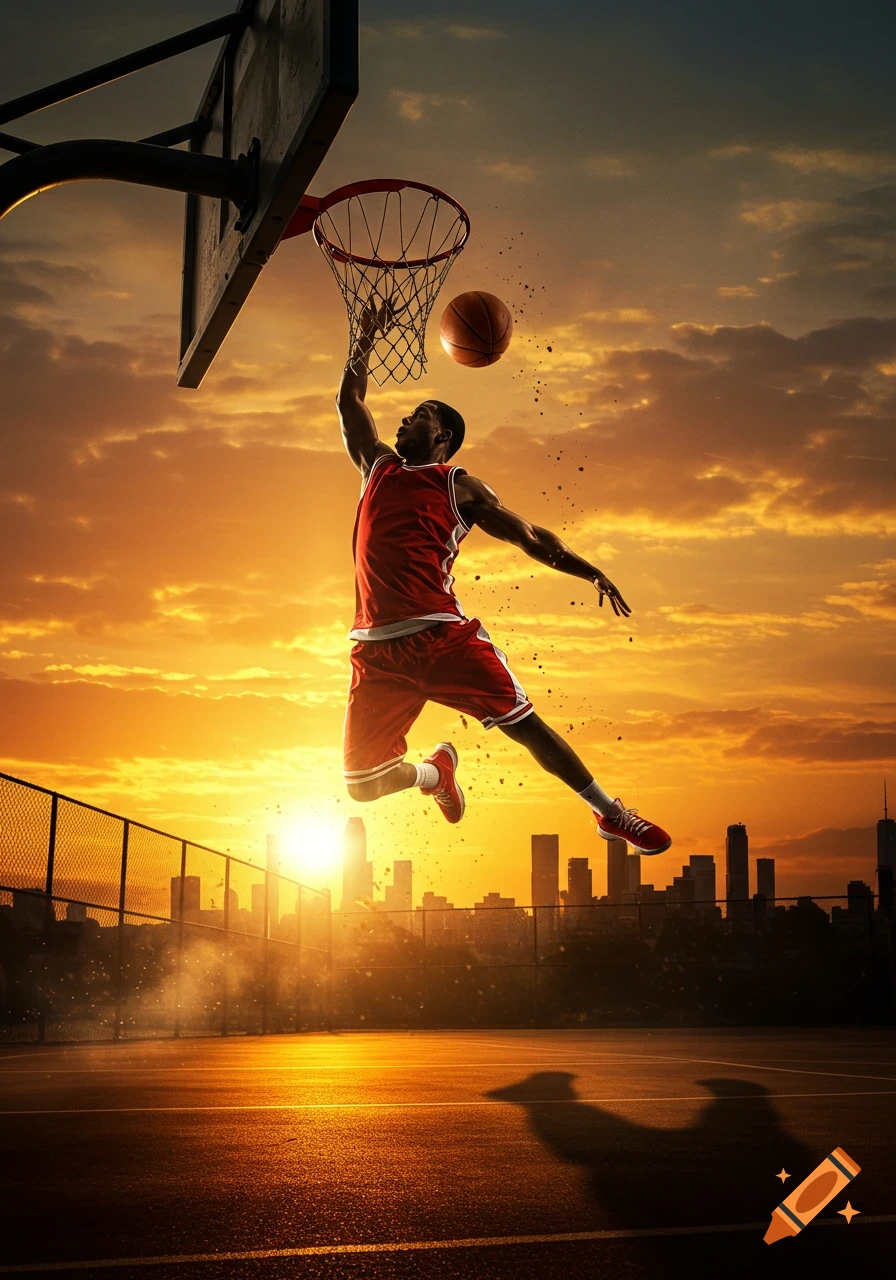 A basketball player in a red jersey dunks a ball on an outdoor court at sunset with a city skyline in the background. Photorealistic style.