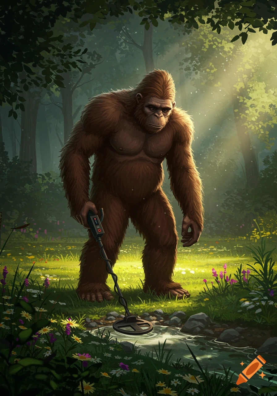 A Sasquatch stands in a sunlit forest, holding a metal detector over a small stream, surrounded by wildflowers.
