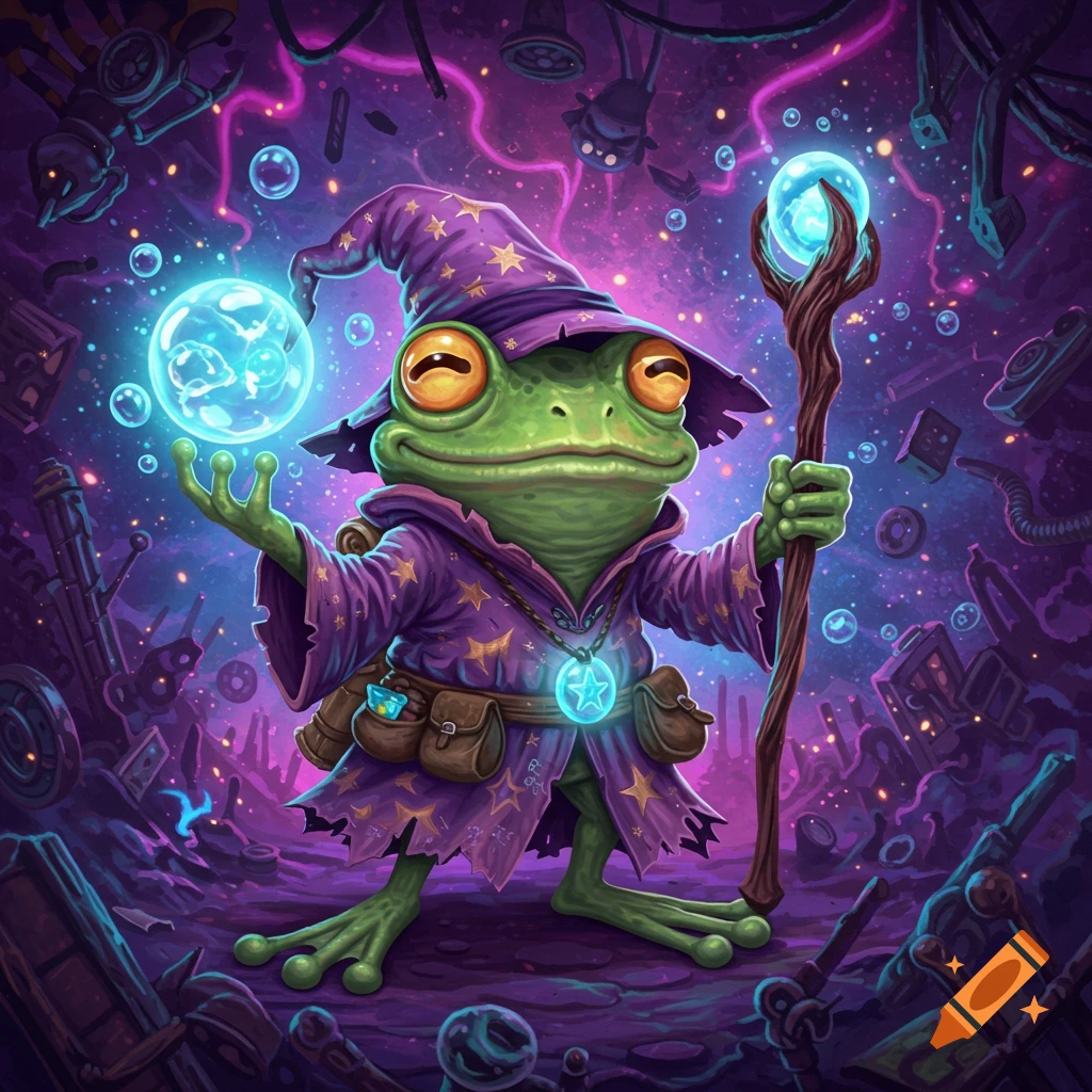 A vibrant, cartoon illustration of a green anthropomorphic wizard frog in a purple, star-patterned robe and hat, holding a glowing staff and orb, surrounded by magical bubbles and chaotic floating debris in a purple-hued, cosmic background.