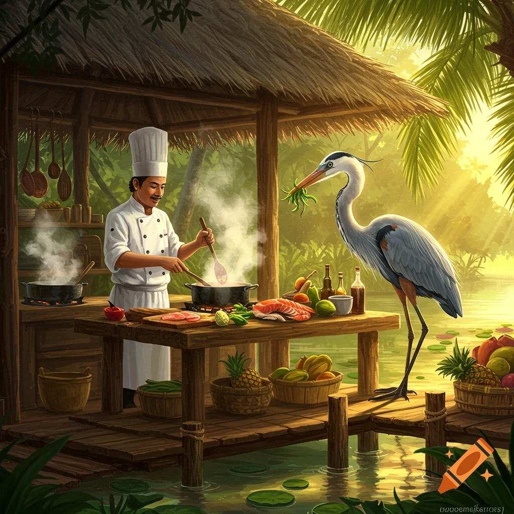 A chef in a straw hut by a river cooks, with a large heron holding greens nearby and tropical fruit baskets.
