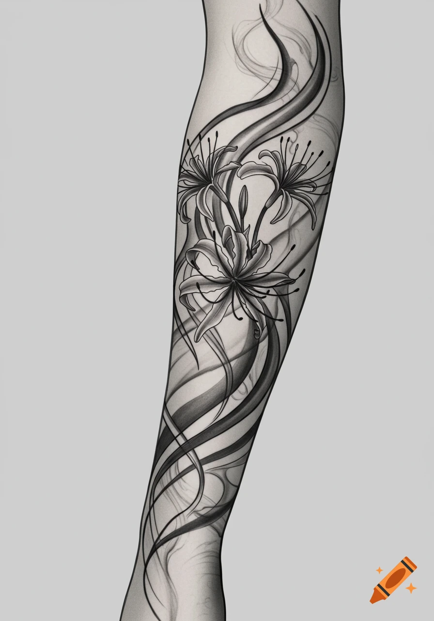 Black and grey spider lily and abstract smoke pattern tattoo design on an arm.